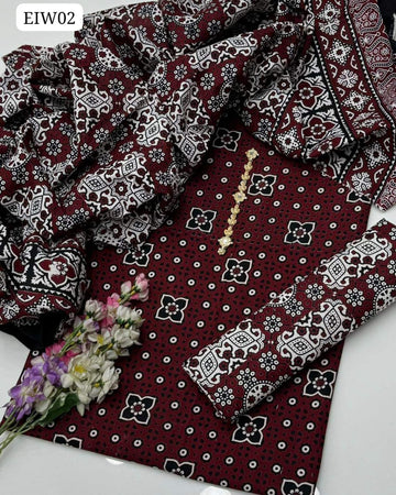 Tradional Handmade Sindhi Ajrak Print Cotton Shirt And Trouser With Duppata 3Pc Dress